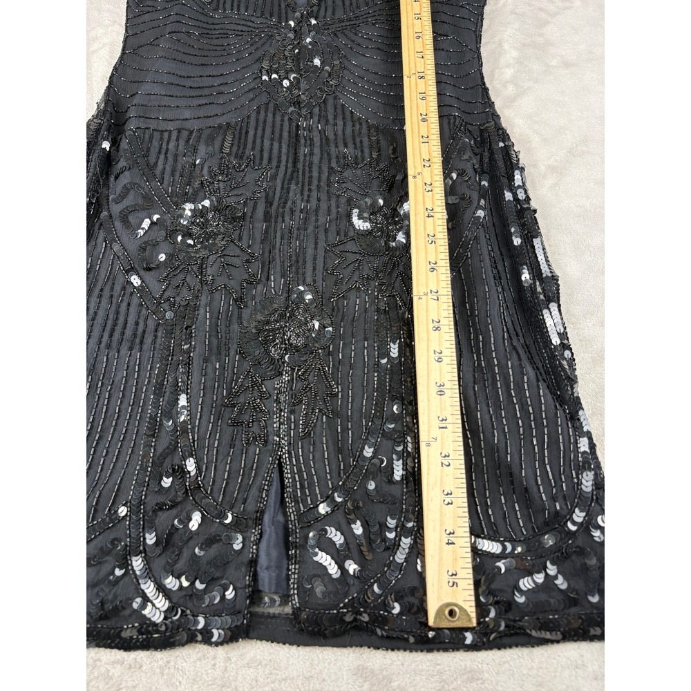 Vintage Carina Black Pure Silk Beaded Sequin Art Deco Flapper Mini Dress Medium - Picture 7 of 9